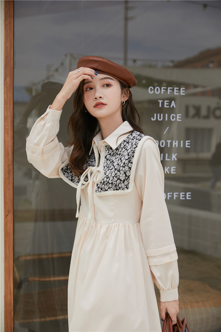 Vintage 2 Piece Long Sleeve Korean Shirt Dress Women Autumn Beige A Line Half Button Collar With Cape 210427