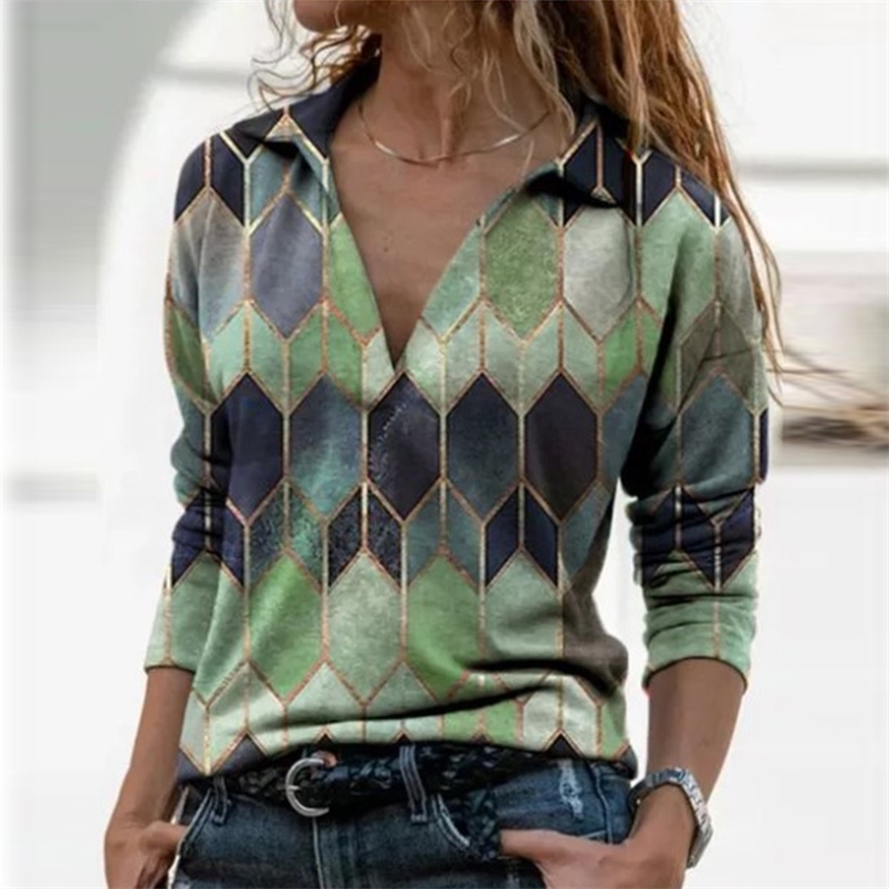 Women V Neck Geometric Print Blouses Vinrage Long Sleeve Loose Shirt Spring Casual Pullover Ladies Elegant Tops Plus Size Blusas 210522