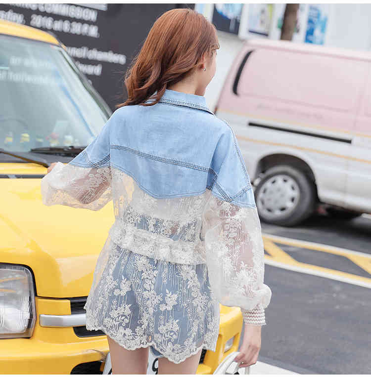 Summer Fashion Stitching Lace Embroidery casual Denim Jacket Women's Coat Loose Denim Coat 210518