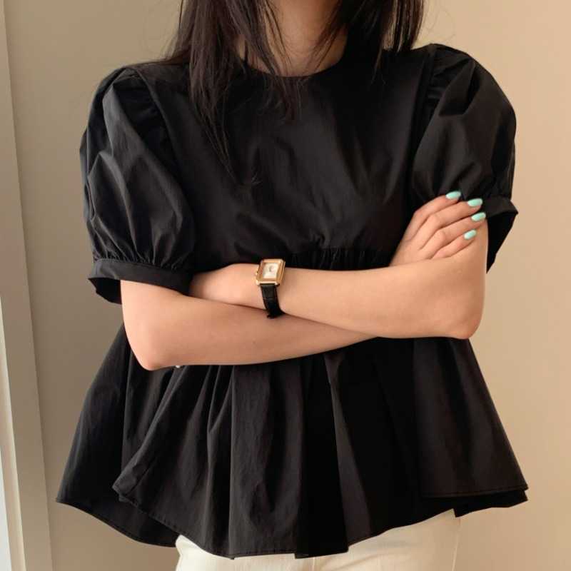 Korean Chic Bow Tie Backless Blouse Causal Puff Sleeve O-neck Doll Shirt Summer Ruffle Patchwork Blusas 6J475 210603