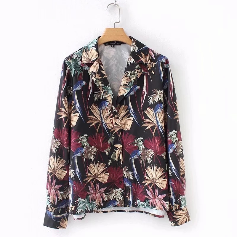 casual lady retro printing tailored collar blouse fashion women long sleeve shirt autumn loose tops chemise blusas S3539 210430Z