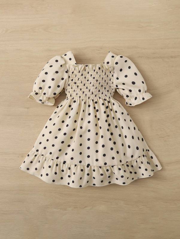 Baby Polka Dot Shirred Bodice Ruffle Hem Dress SHE