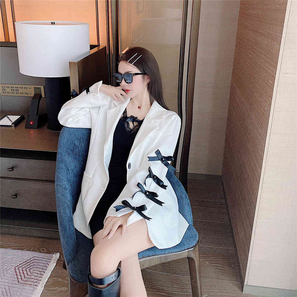 Nomikuma Women Blazer Coat Korean Bowknot Patchwork Hollow-out Suit Jacket Causal Notched Collar Long Sleeve Blazer Femme 6D395 210427