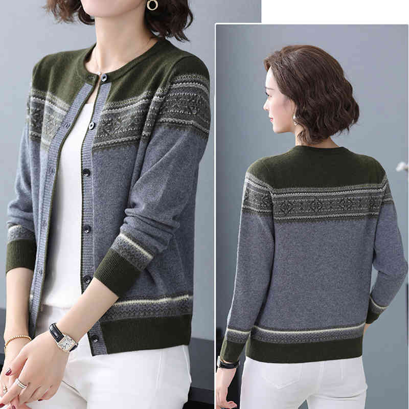 Print Patchwork O-Neck Slim Knitted Cardigans For Women Spring Single Breasted Korean Knitwear Tops Elegant Knit Coat Female 210522