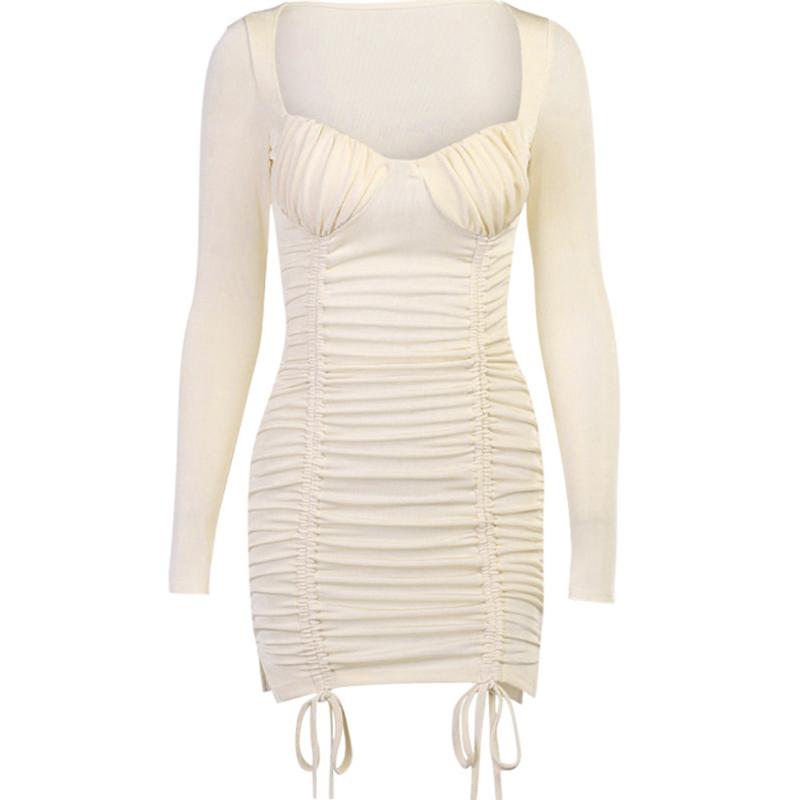 Women Autumn Long-sleeved Dress Fashion Solid Color Pleated Drawstring Skinny Short Casual Dresses