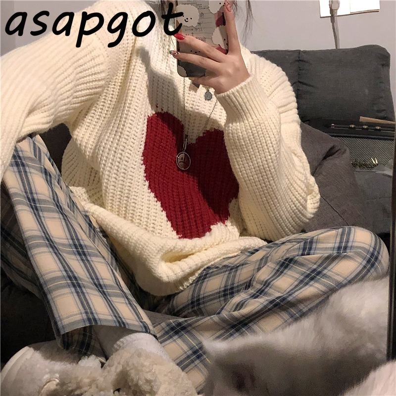 Sweaters&Jumpers Women's Clothing Chic Fashion Sweet O Neck Long Sleeve Love Heart Print Pullovers Sweater Casual Pull Femme 210429