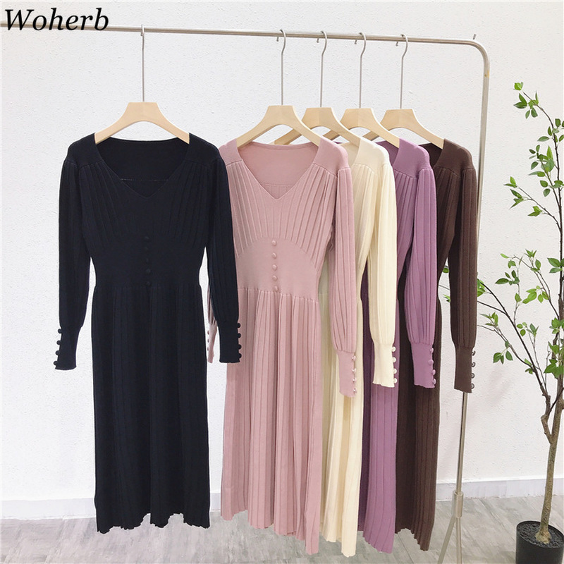 Vintage Pleated Dress Women Fall Clothes Long Robe V-neck Slim Knitted Sweater Dresses High Waist Elegant Woman Vestidos 210519