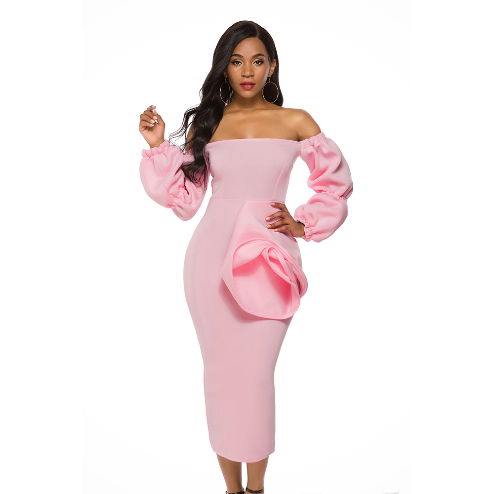 Pink Off Shoulder Lantern Sleeves for Women Midi Elegant Sheath Celebrate Dinner Party Evening Bodycon Dress Plus Size XXL 210416