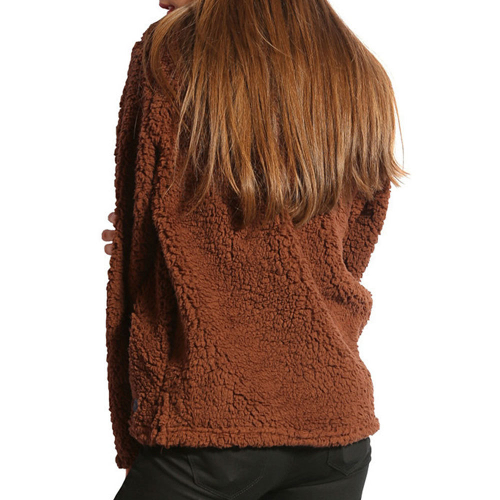 Women Autumn Long Sleeve Zipper Stand Collar Fleece Hoodies Solid Lamb Fur Sweatshirts Casual Pullovers Plush Coat 210428