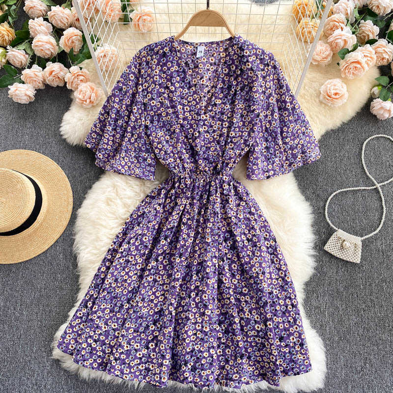 DEAT Women Printing Vacation Dress V-Neck Short Sleeve Arrivals Lady Temperament Fashion Spring Summer 11D582 210709