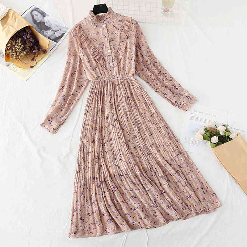 Korean Spring Print Women Chiffon Dress Vintage Long Sleeve Mid-Calf Party Dress Button Ruffles Vestidos Sweet Clothing 210521
