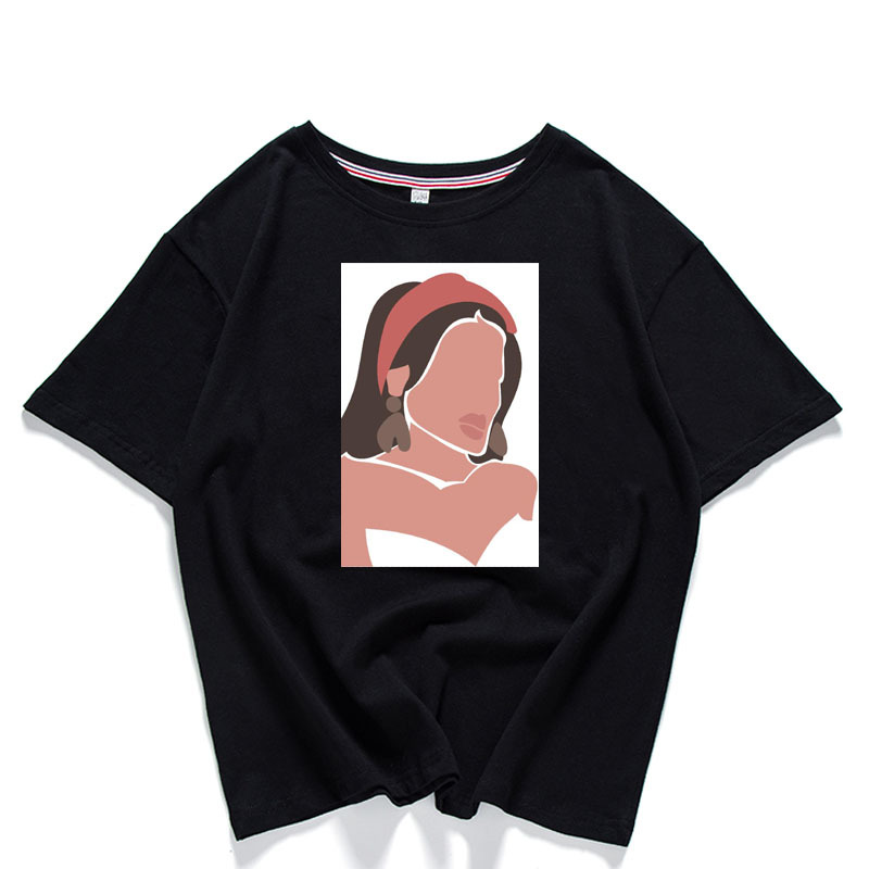 Harajuku Portrait Printed Women's T-shirt Side Face Women Wear Earring Short Sleeve Round Neck Female Tee Shirts Chic Tops 210507