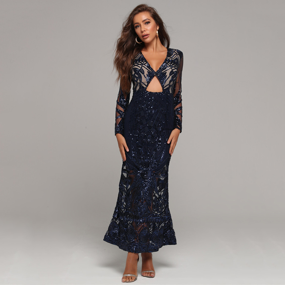 Free Women's Blue Sequin Long Dress Sexy V-neck Mesh Sleeve Bodycon Hollow Celebrity Club Party Vestidos 210524