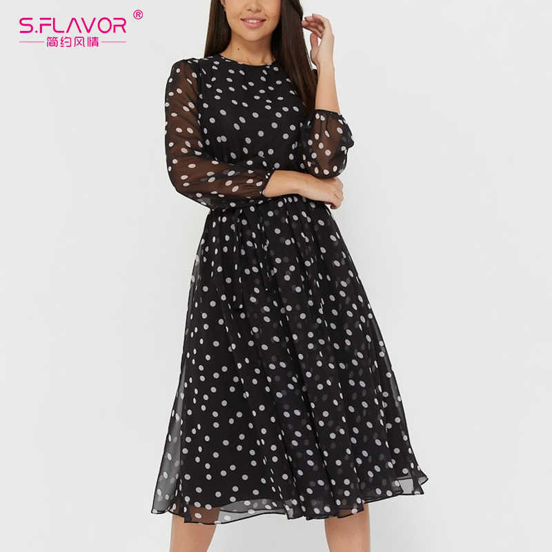 S.FLAVOR Vintage Dot Printing Women Spring Chiffon Dress Autumn Fashion Casual Dress Boho Beach Women A-line Vestidos 210630