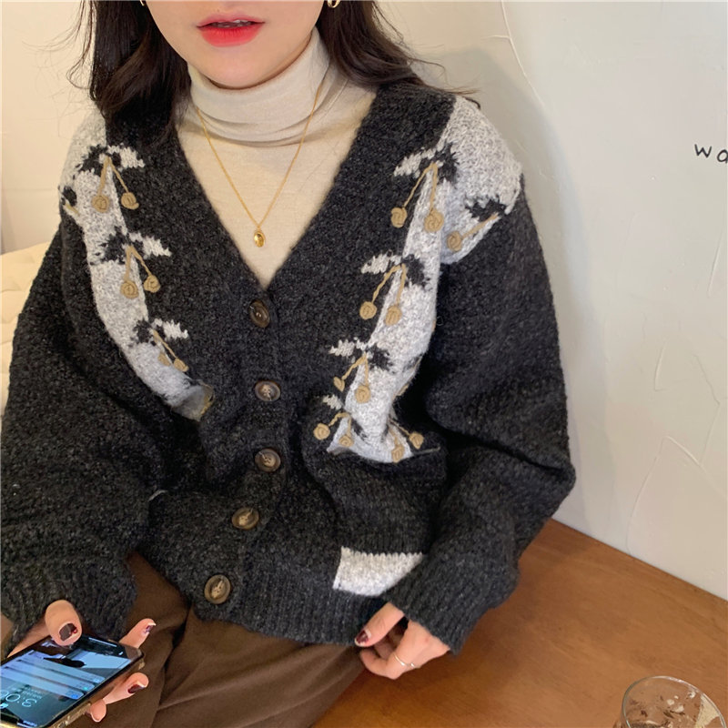 Women Feminine Vintage Office Lady Retro Oversize Warm Loose Knitted V-neck All-Match Slim Cardigans Sweaters 210421