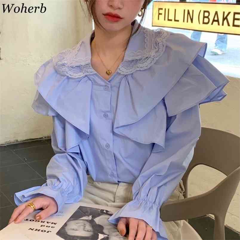 Korean Blouse Ruffle Turn Down Collar Long Sleeve Shirt Women Solid Color Casual Loose Fashion Tops Chic Blusas 210519