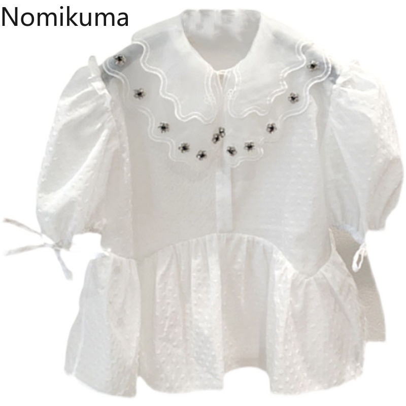 Nomikuma Korean Beads Mesh Peter Pan Collar Women Blouse Shirt Summer New Lace Up Puff Sleeve Ruffle Sweet Blusas 6G705 210427