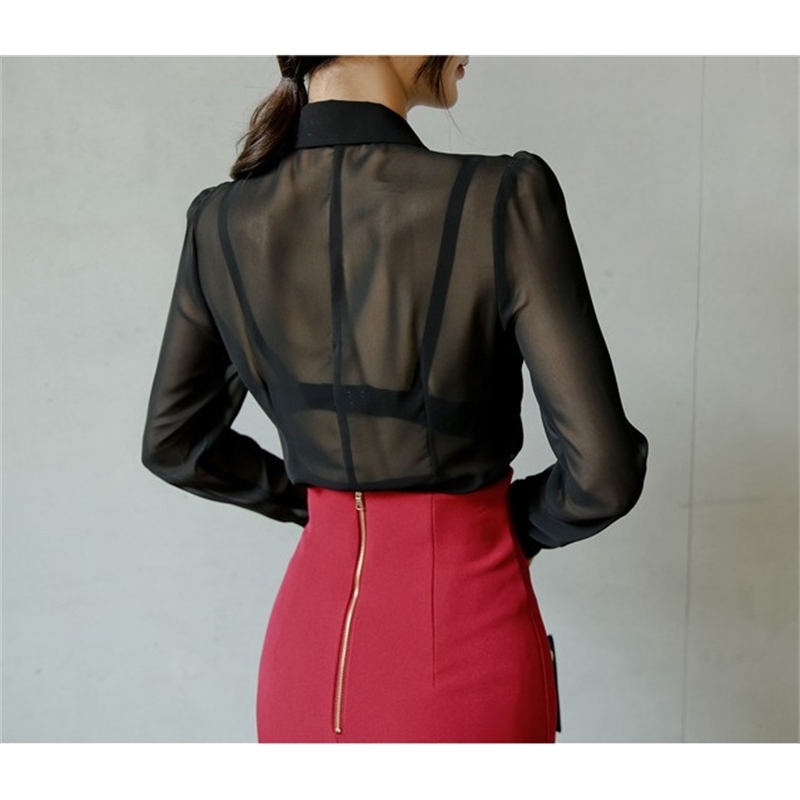 Women Autumn Office OL Work Wear 2 Pieces Set Sexy See Through Black Blouse Top + High Waist Red Pencil Bodycon Skirt 210519