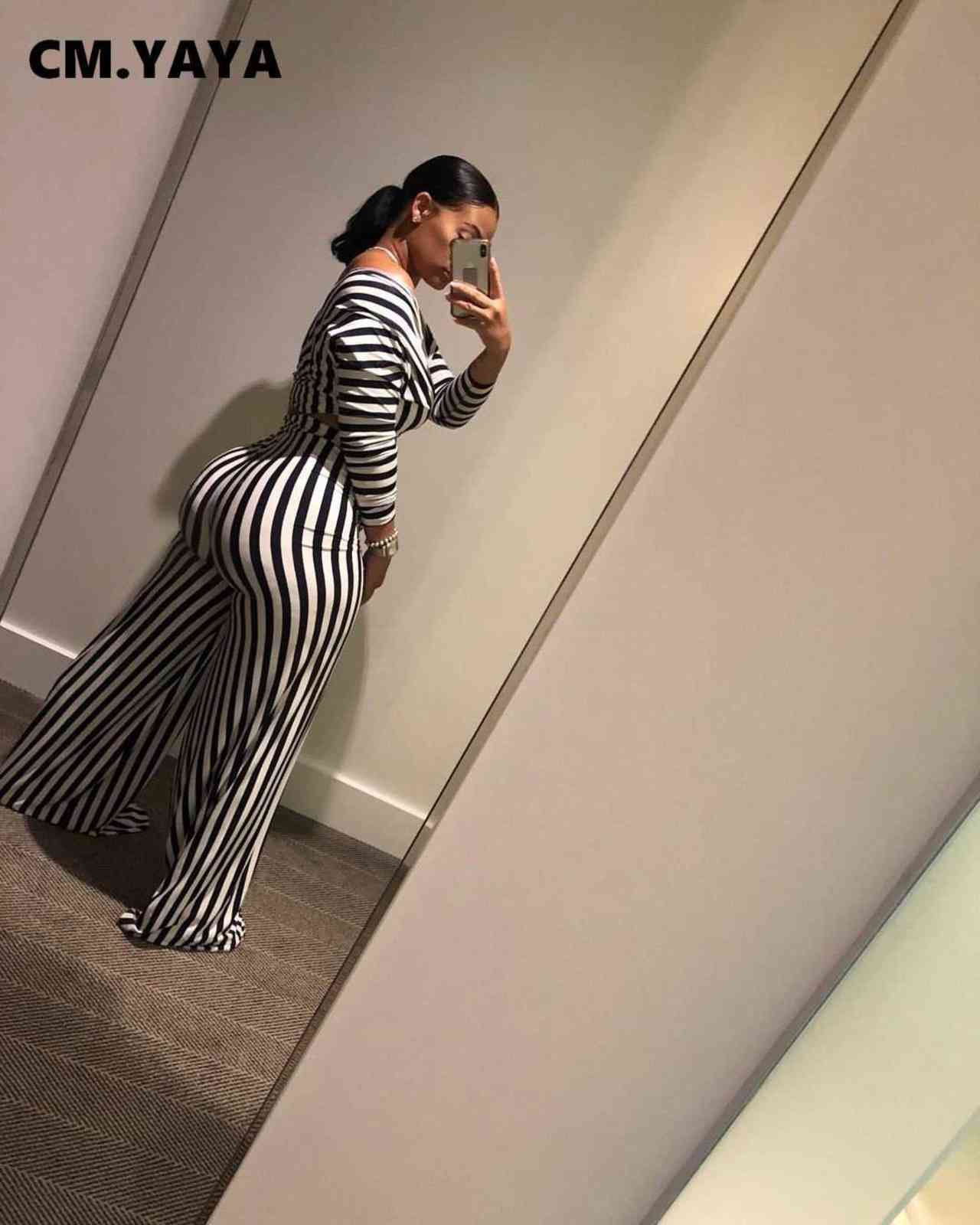 CM.YAYA Aumutn Women set Striped Full Sleeve Sexy Fashion Loose Pants Deep V-Neck Two Set 211105