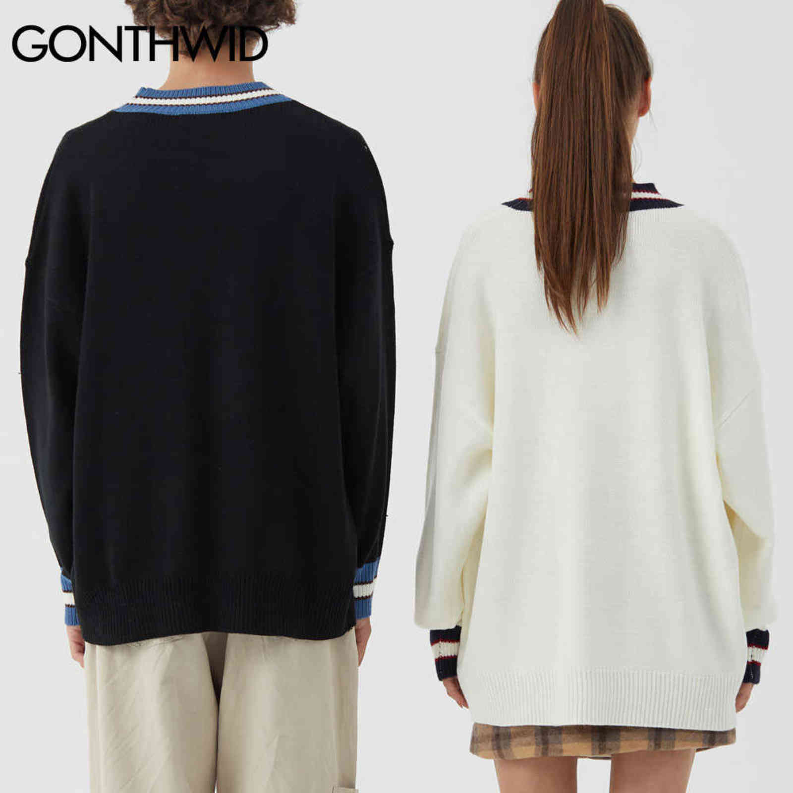 GONTHWID Bear Patchwork Striped Knitted Jumpers Sweaters Streetwear Hip Hop Harajuku Casual Pullover knitwear Mens Fashion Tops 211102
