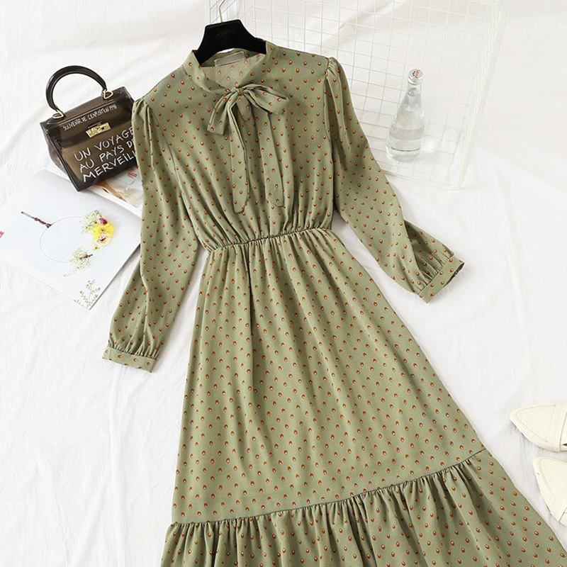 Women Dot Print Chiffon Dress Spring Autumn Long Sleeve Fashion Female Elegant Long Dress Bow Ruffles Robe Women Dresses 210521