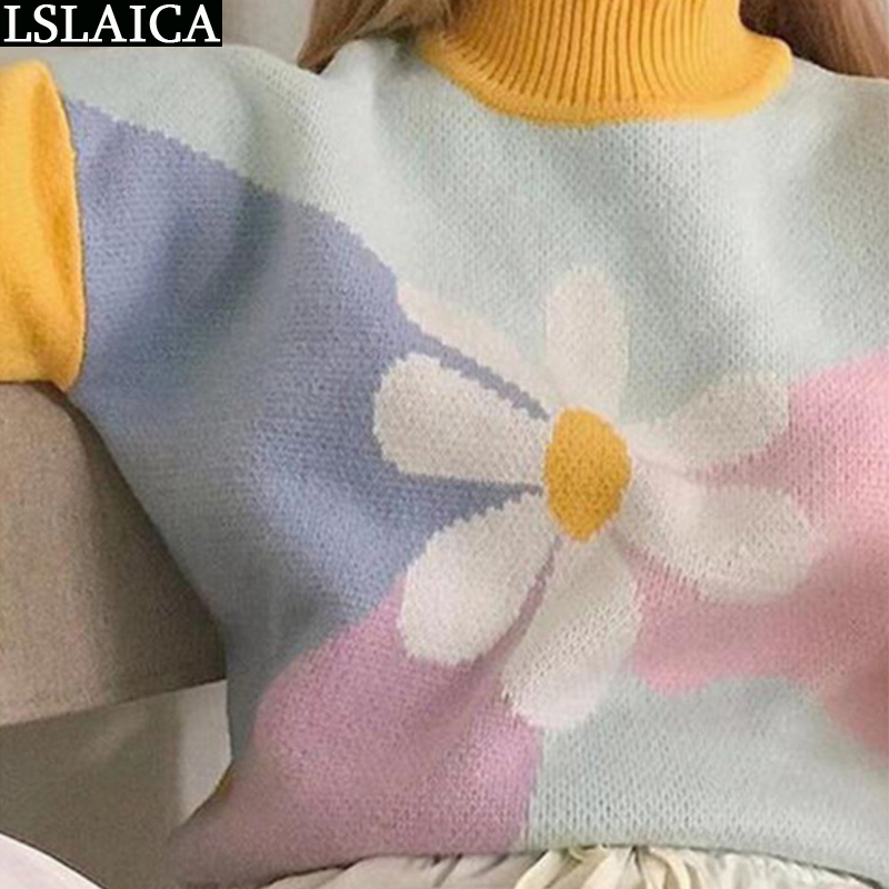 Fashion Long Sleeve Ladies Sweaters Autumn Winter Clothes Casual Women Sun Flower Color Matching Elegant Office Lady 210520