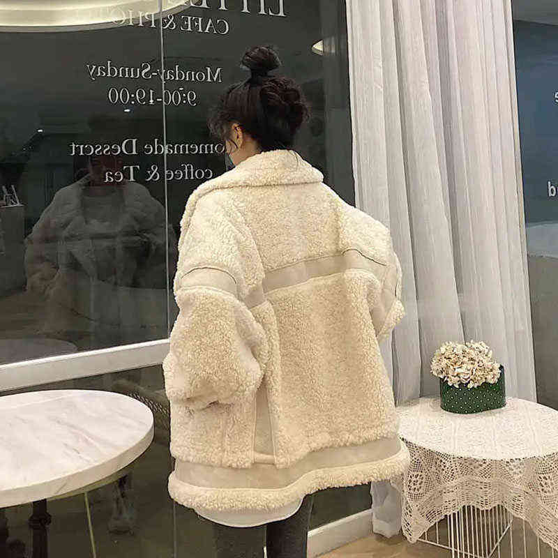 Lucyever Women's Lamb Wool Coat Winter Thickened Warm Fluffy Jacket Female Oversize Beige Korean Casual Cashmere Coats 211123
