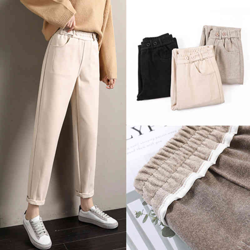 Arrival Autumn Winter Women Elastic Waist Loose Woolen Pants all-matched Casual Harem Female Trousers S314 210512