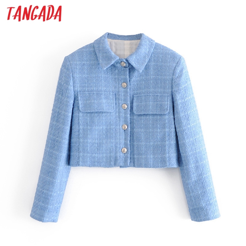 Women Blue Tweed Crop Female Long Sleeve Elegant Jacket Ladies Blazer Suits 3H73 210416
