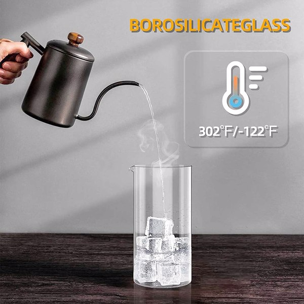 Bar Products Medium French Press Coffee Maker 21 oz, Small Stainless Steel 600 ml, 100% BPA Free Glass with Spoon and Brush,silver