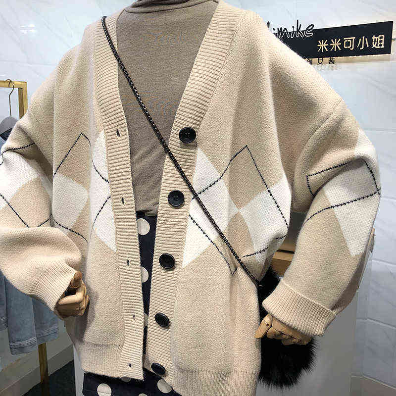 BETHQUENOY Sweter Casacos Femininos Inverno Argyle Cardigan Sweater Women Winter Clothes V-Neck Sueters De Mujer Pull Femme 211117