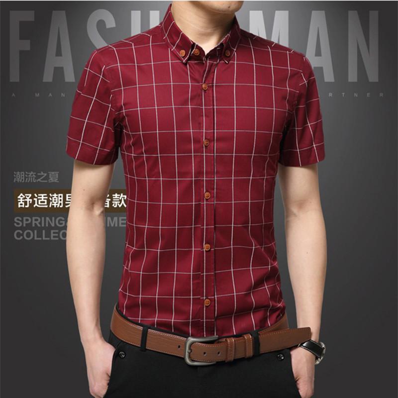 Plaid Mens Shirts Slim Cotton 2021 Dress Short Sleeve Social Casual Shirt Men Brand Chemise Homme M-5XL Men's