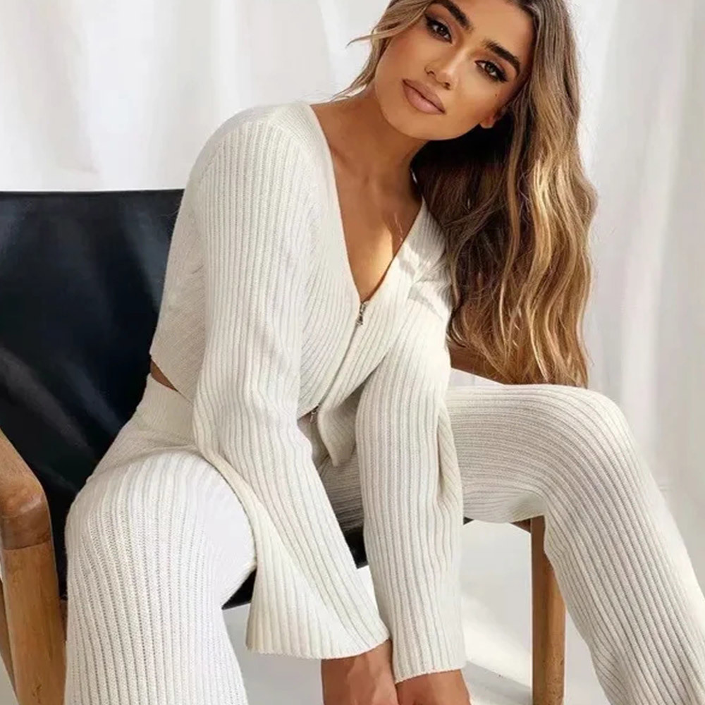 Wonder Women's Knitted Set Double Zipper Long Sleeve Cropped Top + Elastic High Waist Wide Leg Pants Outfits 210510