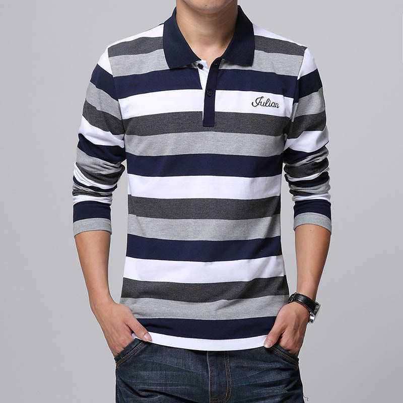 TFETTERS Autumn Men's T-shirt Stripe Pattern Letters Print Long Sleeved Turn-down Collar Shirt Big Size M - 5XL 210629
