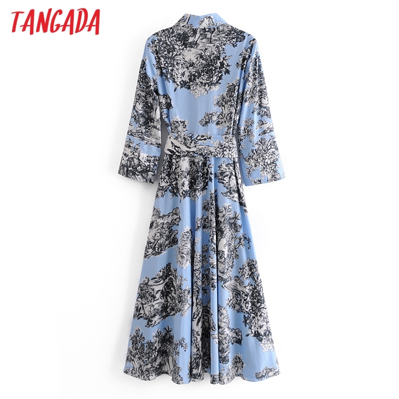 Fashion Women Flowers Print Shirt Long Sleeve Office Ladies Midi Dress with Slash 3H65 210416