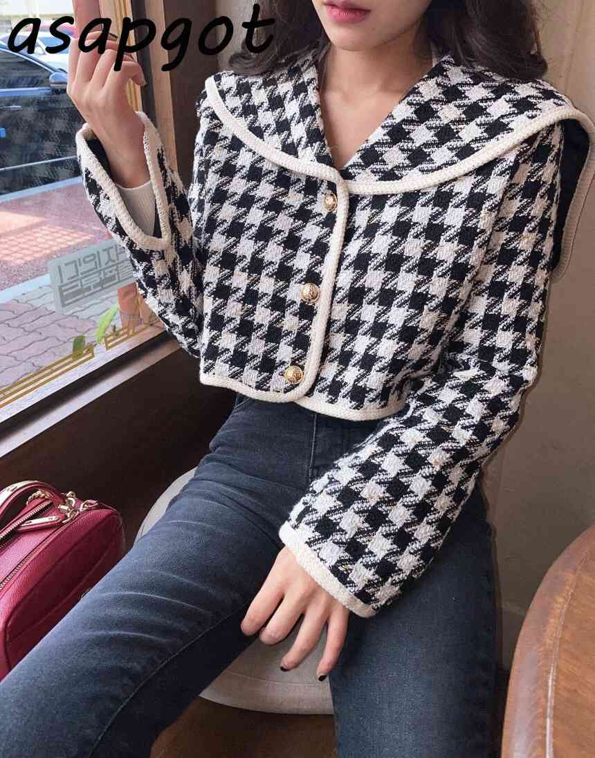 Coats & Jackets Women's Clothing Chic Korean Vintage Long Sleeve Black White Contrast Color Sailor Collar Plaid Jacket Short 210429