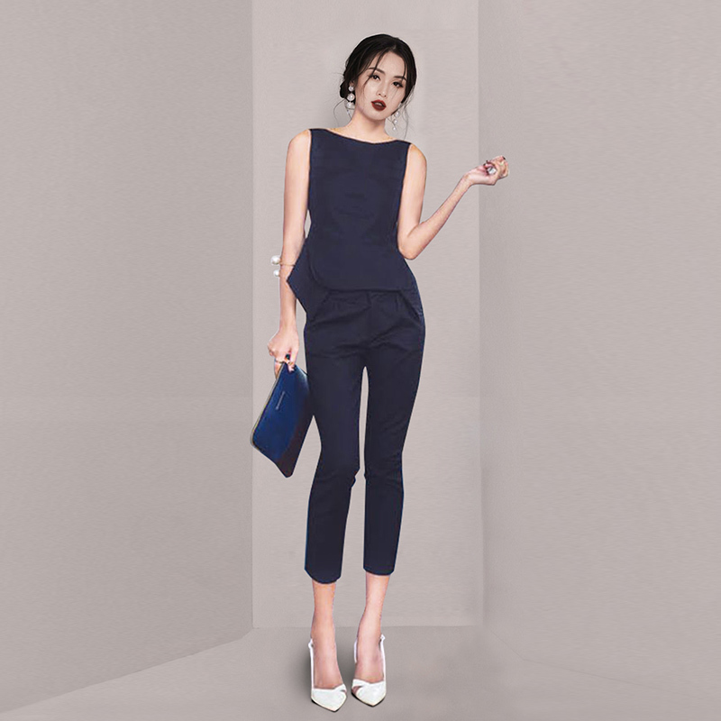 Summer 2 Piece Set Elegant Solid Color Office OL Work Lady Sleeveless Slim Blouse + pencil Pants Suit Female 210518