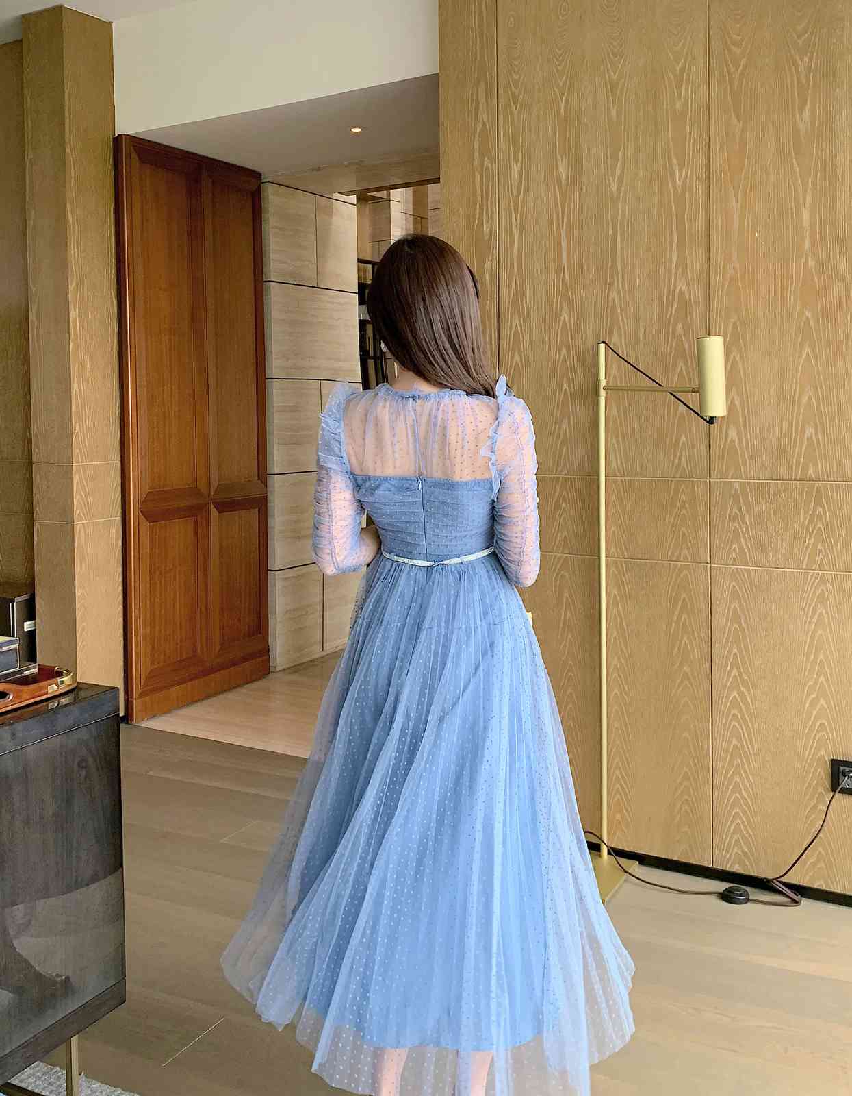 Summer Runway Polka Dot Mesh Dress Women Sexy See-Through Half Sleeve Diamonds Belt High Waist Long Pleated Dresses 210506