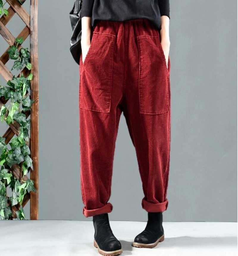 Elegent Harem Pants Women Corduroy Elastic Waist Solid Full Length Pockets High Lady Loose Plus Size 5XL 211115