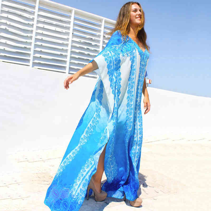 Oversize Cotton Beach Kaftan Women wear Cover ups Tunic Sarong Pareos de Playa Mujer Bikini Maxi Dress #Q773 210420