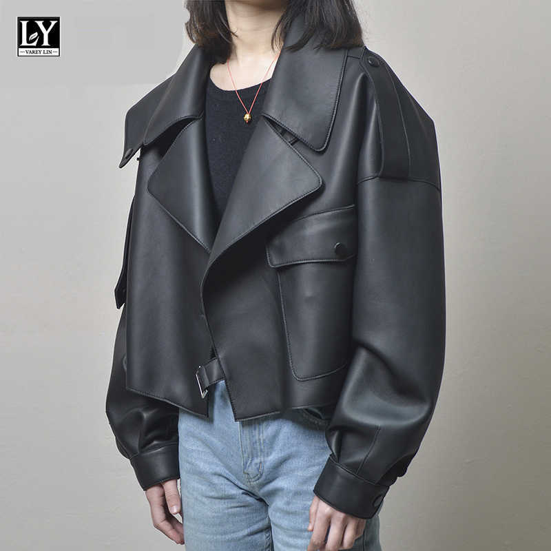 LY VAREY LIN Spring Women Biker Jacket Pu Leather Casual Outwear Black Short Loose Soft Faux Lady 210526