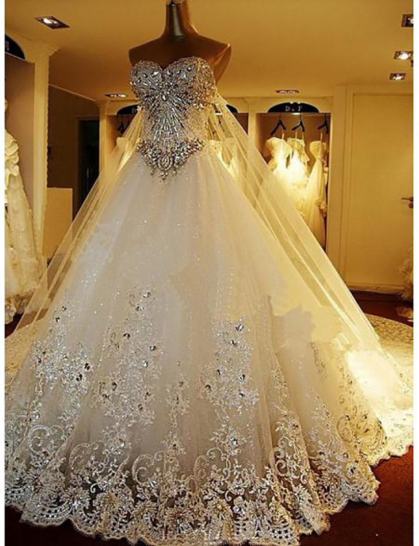 Crystal 2021 A-Line Wedding Dresses Lace Cathedral Lace-Up Back Bridal Gowns Sweetheart Appliques Beaded Garden Free Sets