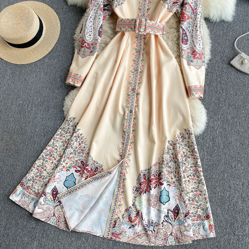 Spring Bohemian Casual A-line Dress Women Retro Print Long Dress Turndown-Collar Long Sleeve Button Sashes Dress 210521