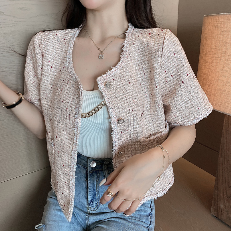 Korean Summer Women Single-breasted Tweed Cardigan Coat Elegant Vintage Round Neck Short Sleeve Casual Outwear 210519