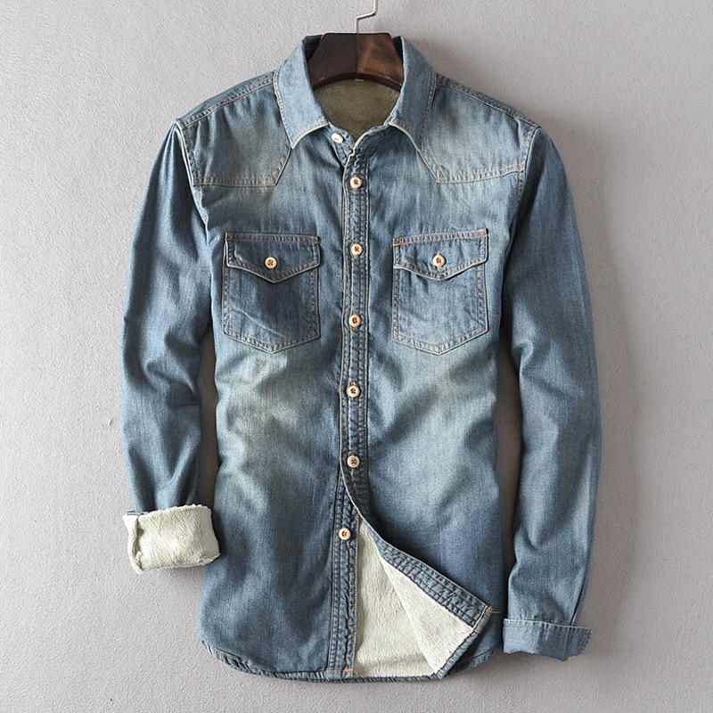 Quality Winter Men Casual Denim Shirt 100%cotton Solid Thicken Keep Warm Long Sleeve Tops Man Chemise Homme Plus Size 4XL Men's Shirts