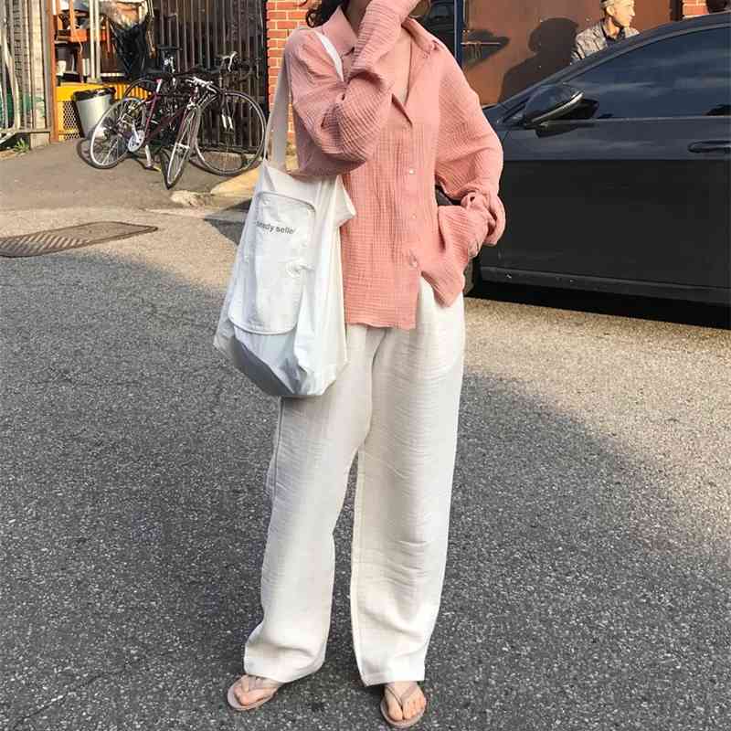 Korea Chic Cotton Lapel Irregular Loose Long Sleeve Pink Shirt Turn-down Collar Womens Tops Blouses 210615Z