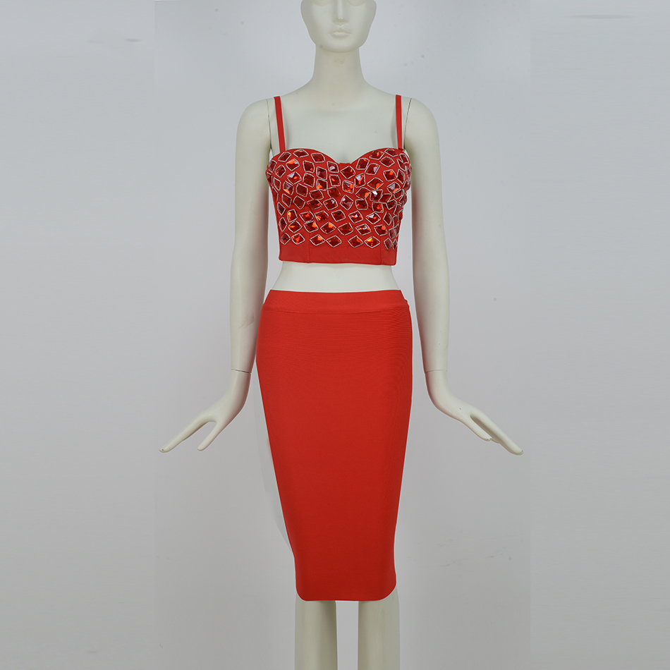 Free Women Bandage Skirt Set Sexy Spaghetti Strap Beaded Tank Top & High Waist Two-piece Club Party 210524