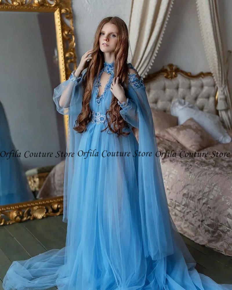 Blue Fairy Prom Dress Long Sleeves Tulle Beads Russia Style vestidos Evening Gowns Formales Abendkleider