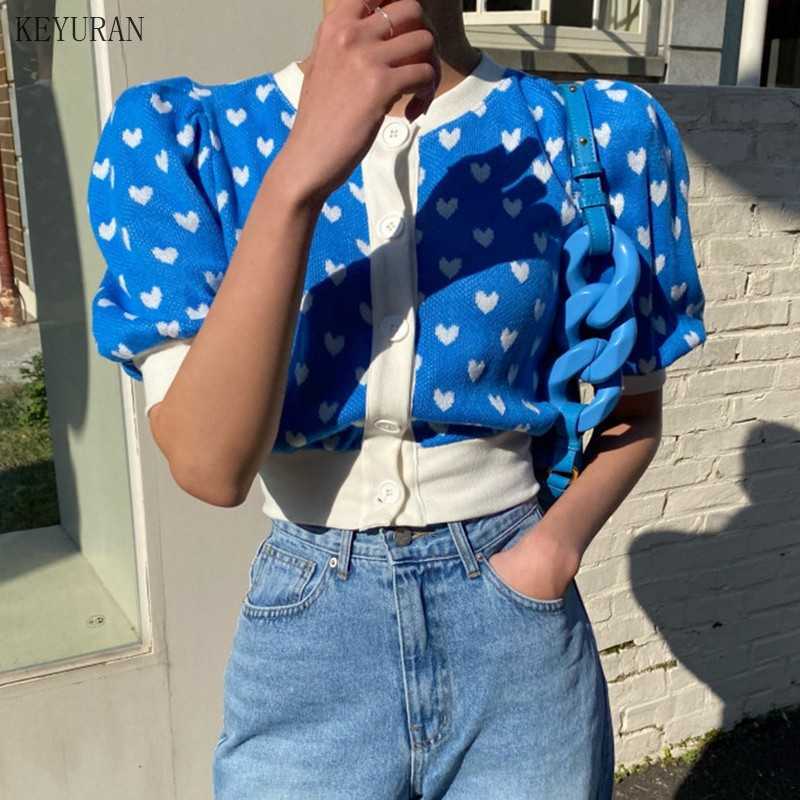 Korean Chic Love Heart Embroidery Cardigan Crop Top Knitted Hit Color Coat Summer Puff Short Sleeve O-neck Knitwear 211014