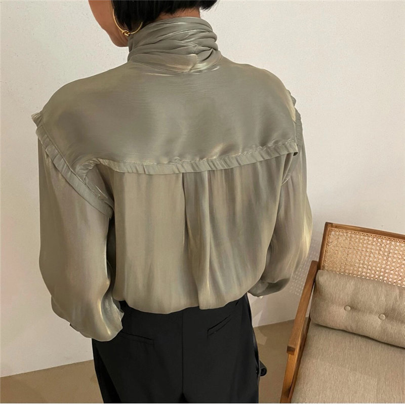 Work Wear Luster Bow Pleated Long Sleeve Solid OL Formal Elegant Minimalist Shirt Women Blouses Loose Tops Female 210421